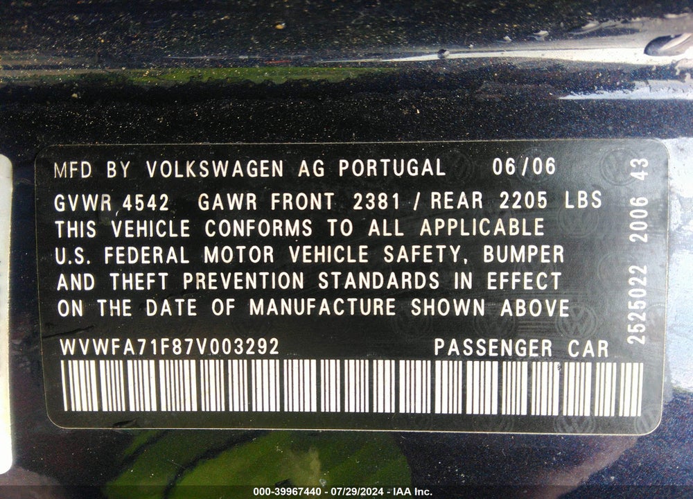 2007 VOLKSWAGEN EOS 2.0T VIN: WVWFA71F87V003292