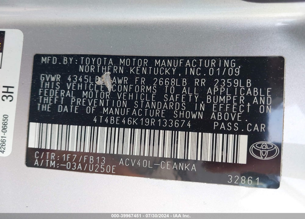 2009 TOYOTA CAMRY LE VIN: 4T4BE46K19R133674