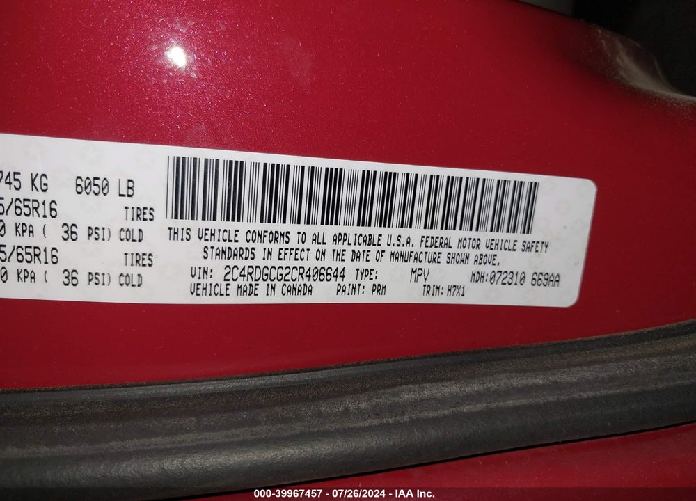 2012 DODGE GRAND CARAVAN SXT VIN: 2C4RDGCG2CR406644