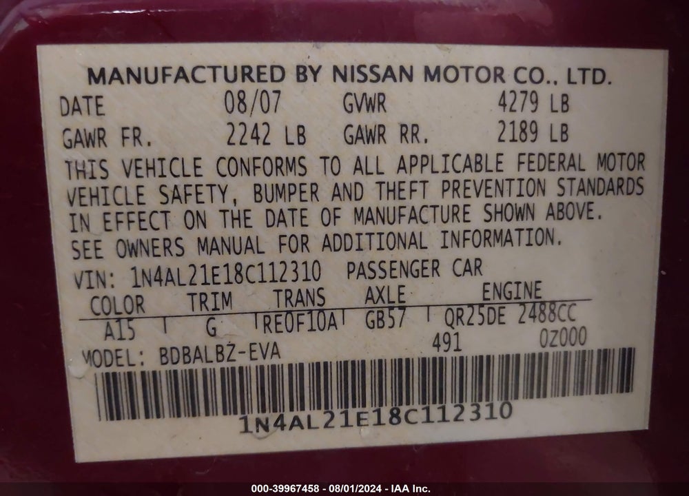 2008 NISSAN ALTIMA VIN: 1N4AL21E18C112310