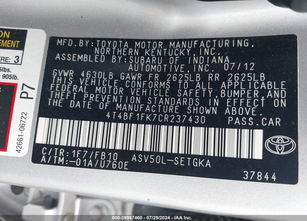 2012 TOYOTA CAMRY XLE VIN: 4T4BF1FK7CR237430