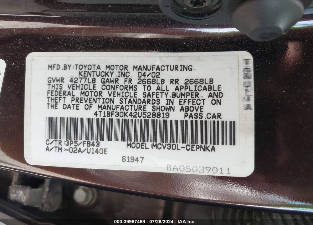 2002 TOYOTA CAMRY LE V6 VIN: 4T1BF30K42U528819