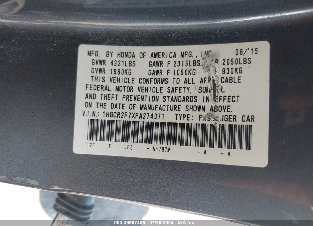 2015 HONDA ACCORD EX VIN: 1HGCR2F7XFA274071