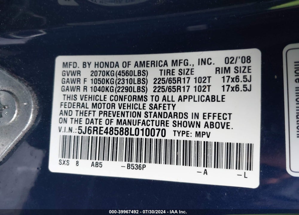 2008 HONDA CR-V EX VIN: 5J6RE48588L010070