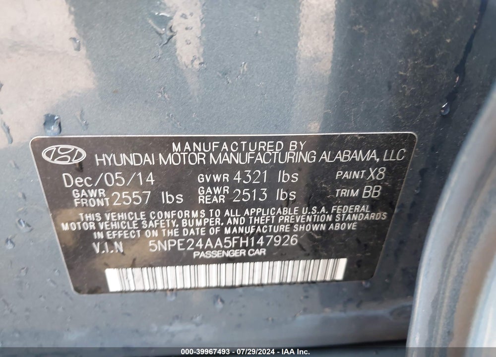 2015 HYUNDAI SONATA ECO VIN: 5NPE24AA5FH147926