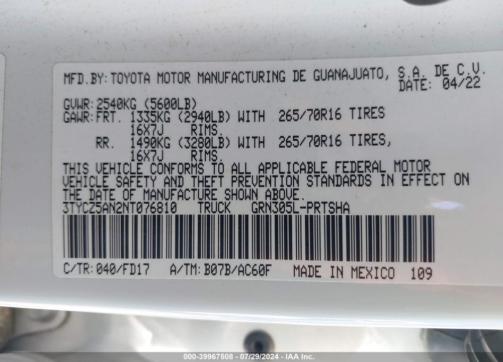 2022 TOYOTA TACOMA TRD OFF ROAD VIN: 3TYCZ5AN2NT076810