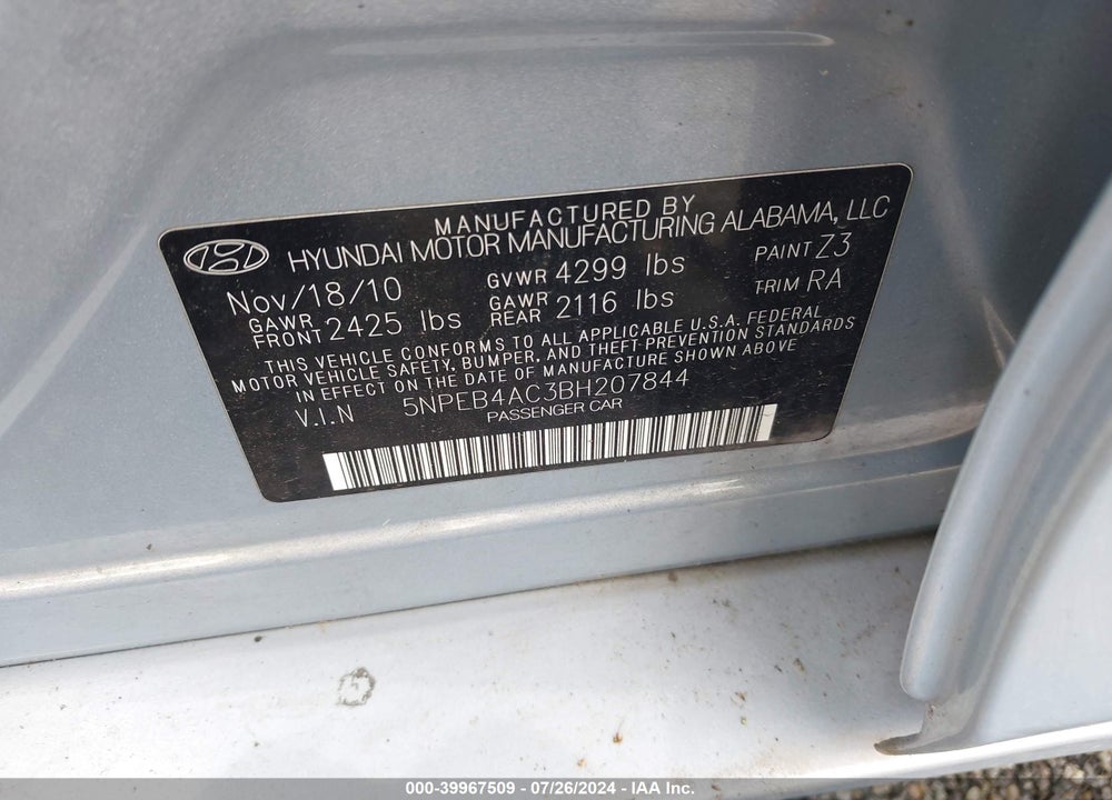 2011 HYUNDAI SONATA GLS VIN: 5NPEB4AC3BH207844