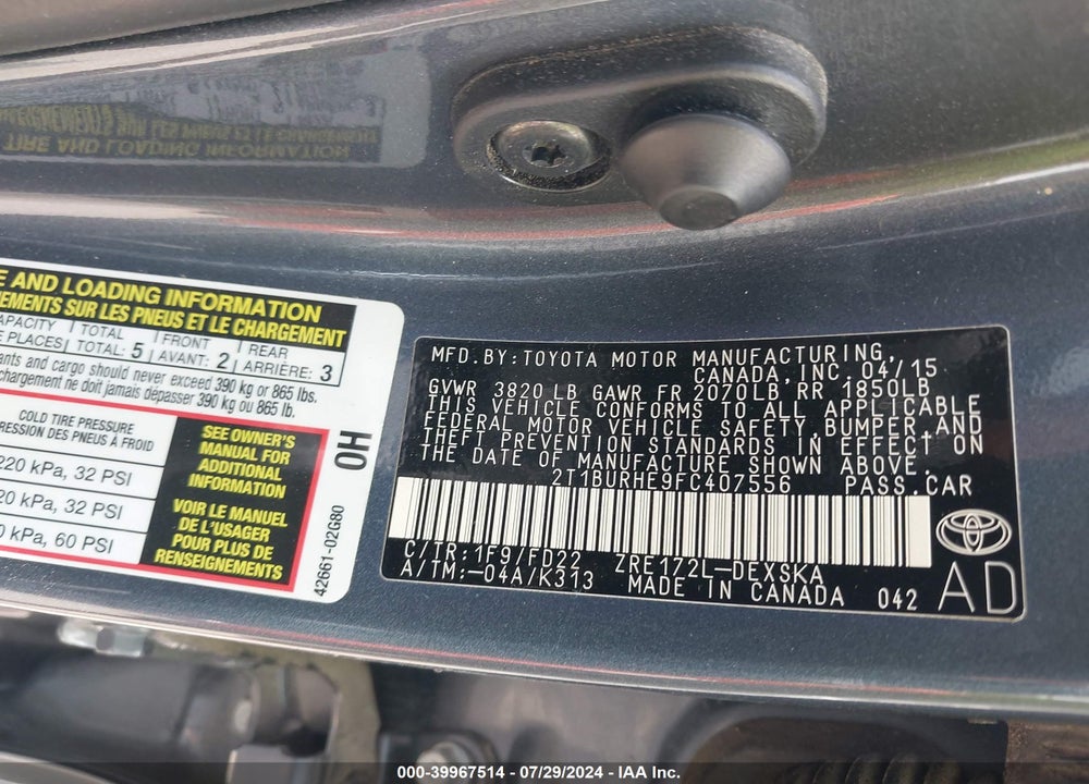 2015 TOYOTA COROLLA S PLUS VIN: 2T1BURHE9FC407556
