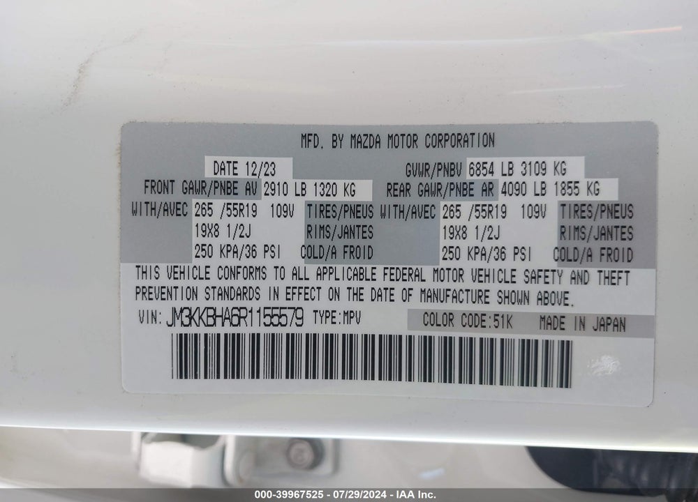 2024 MAZDA CX-90 PHEV PREFERRED VIN: JM3KKBHA6R1155579