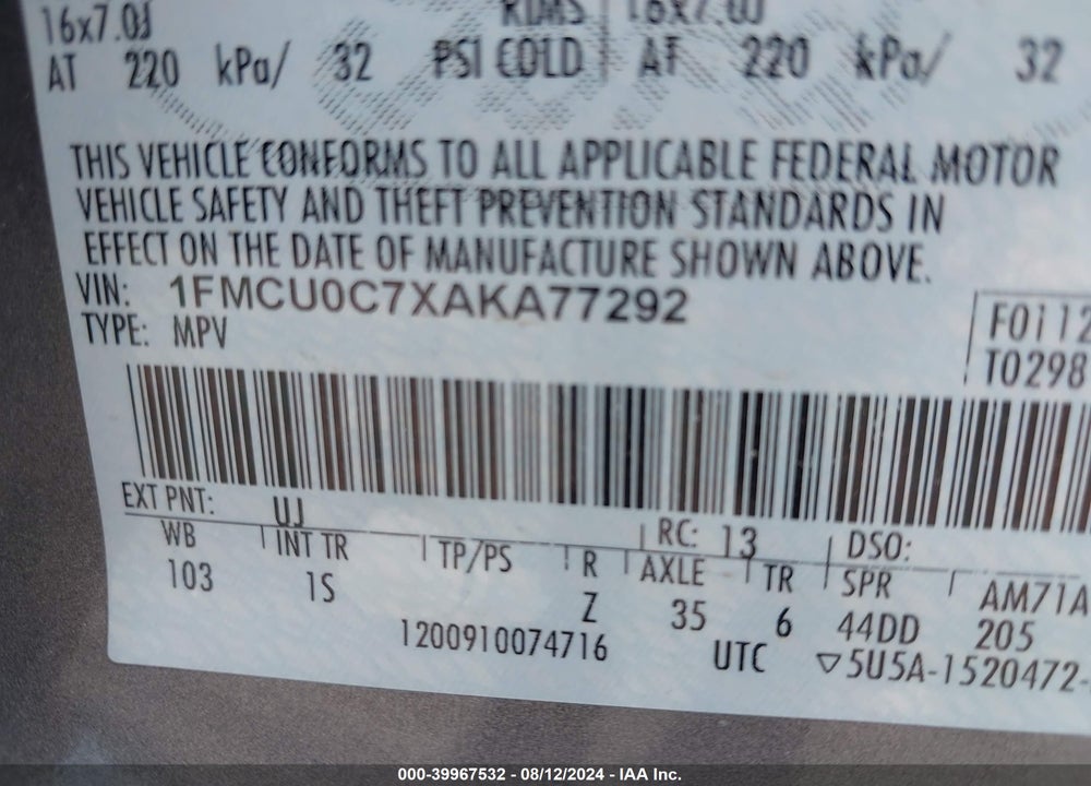 2010 FORD ESCAPE VIN: 1FMCU0C7XAKA77292