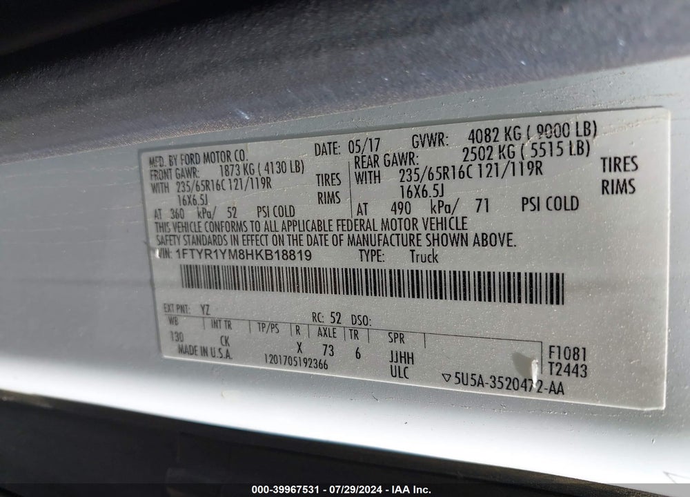 2017 FORD TRANSIT-250 VIN: 1FTYR1YM8HKB18819