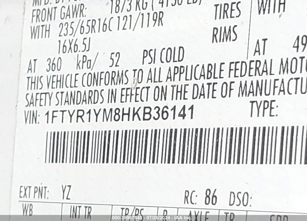 2017 FORD TRANSIT-250 VIN: 1FTYR1YM8HKB36141