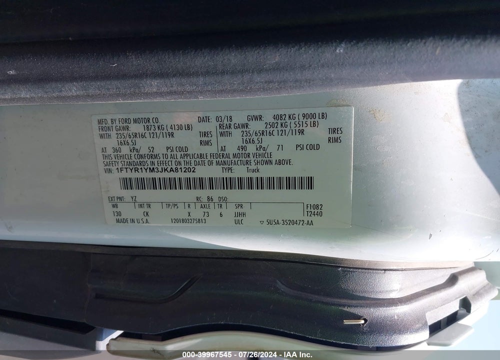 2018 FORD TRANSIT-250 VIN: 1FTYR1YM3JKA81202