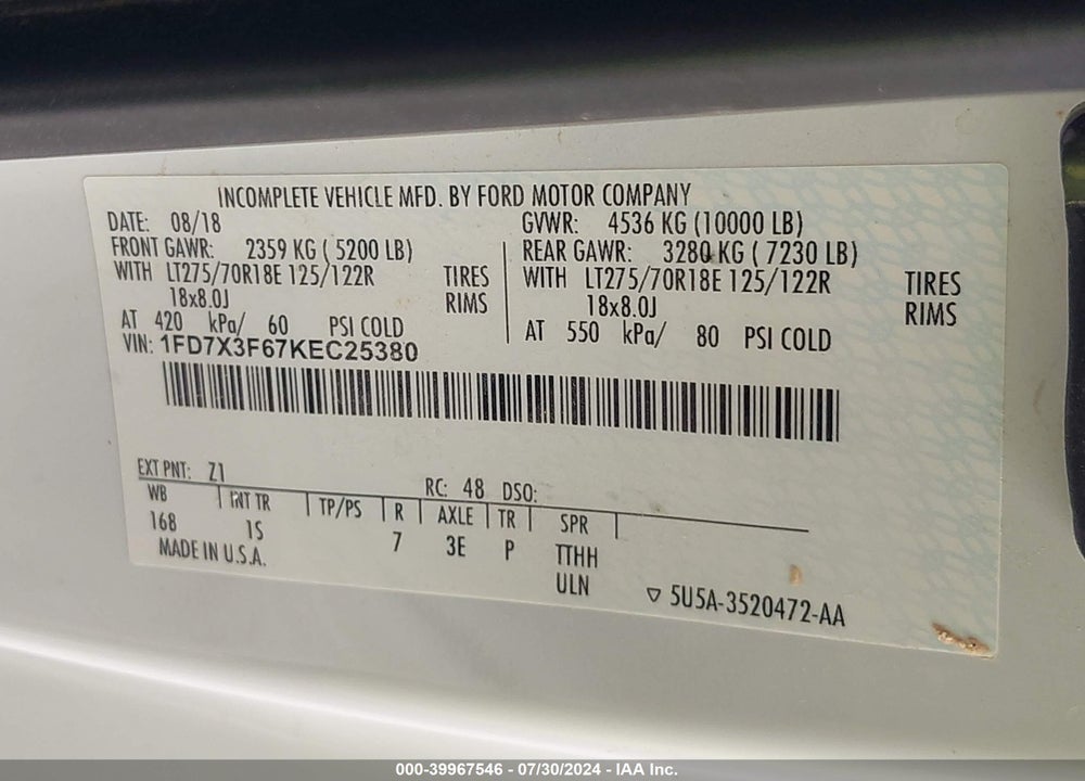 2019 FORD F-350 CHASSIS VIN: 1FD7X3F67KEC25380