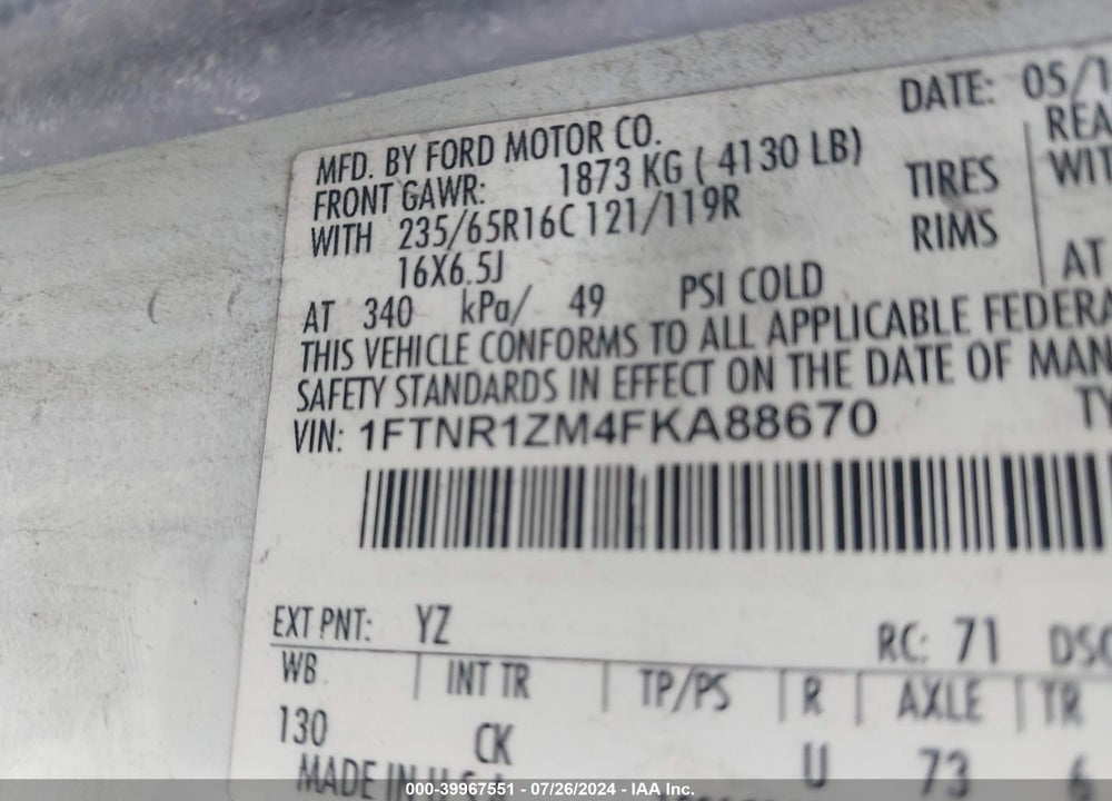 2015 FORD TRANSIT-250 VIN: 1FTNR1ZM4FKA88670
