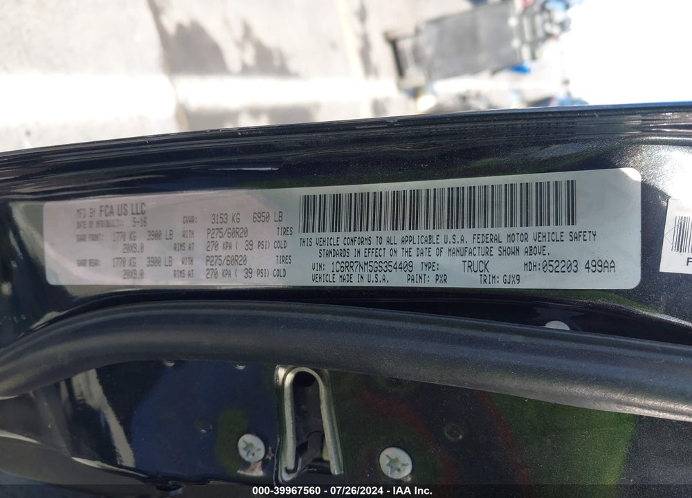 2016 RAM 1500 LAIE VIN: 1C6RR7NM5GS354409