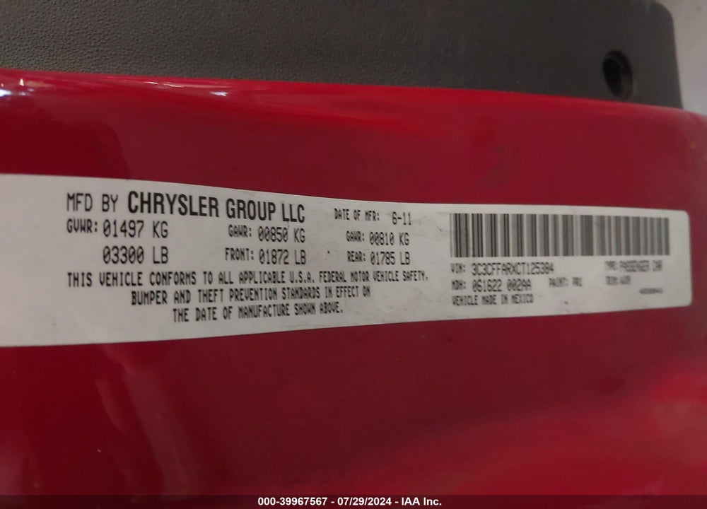 2012 FIAT 500 VIN: 3C3CFFARXCT125384