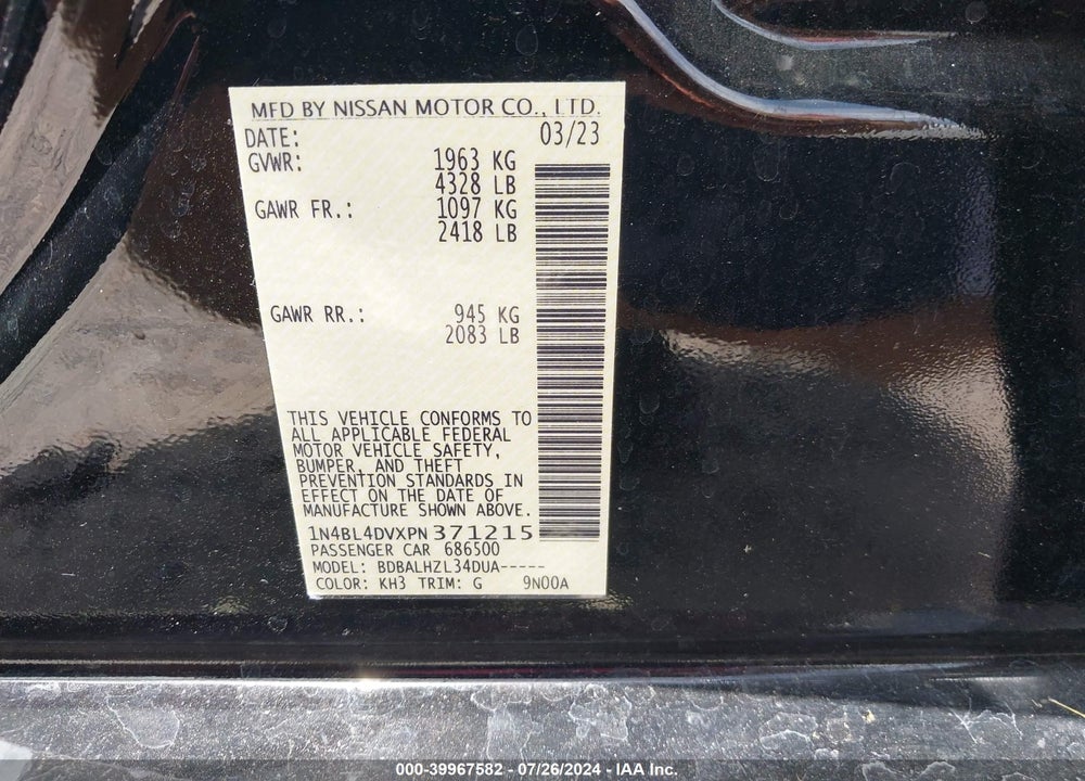 2023 NISSAN ALTIMA SV FWD VIN: 1N4BL4DVXPN371215