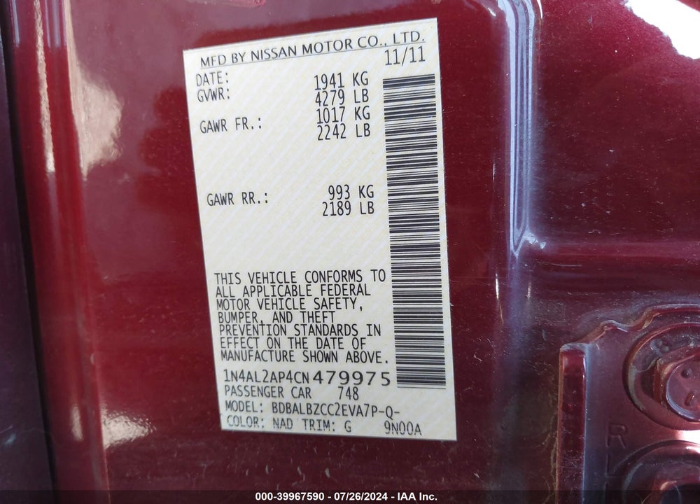 2012 NISSAN ALTIMA 2.5 S VIN: 1N4AL2AP4CN479975