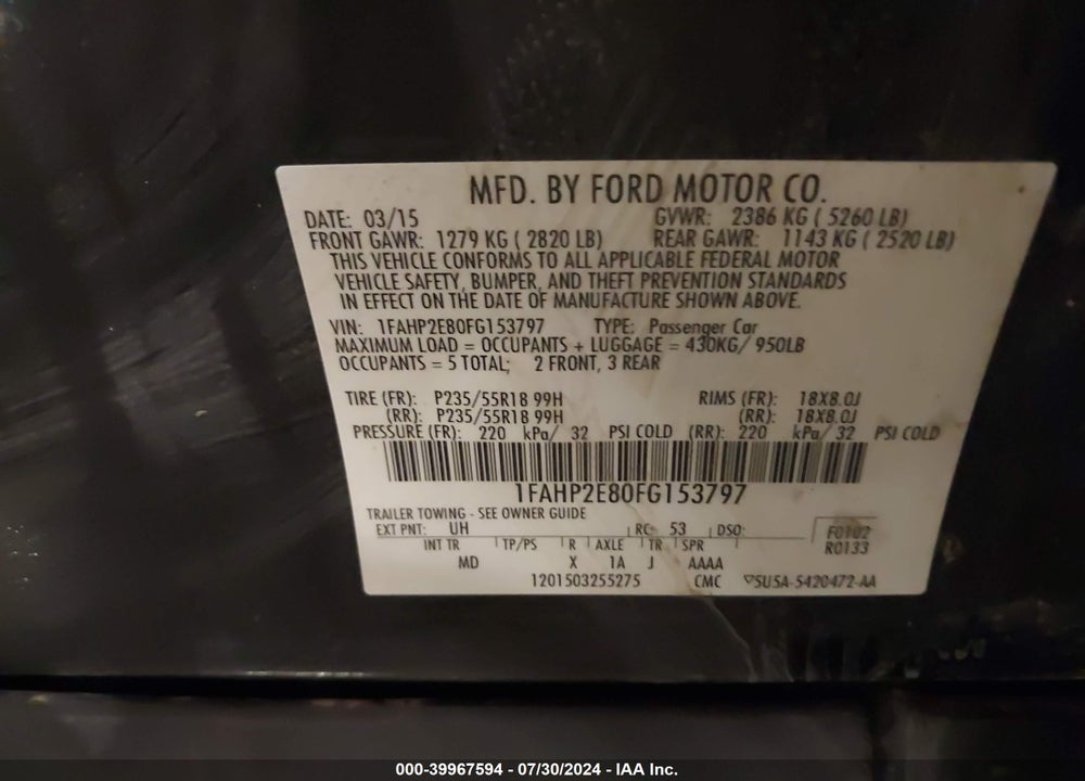 2015 FORD TAURUS SEL VIN: 1FAHP2E80FG153797