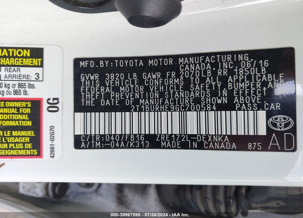 2016 TOYOTA COROLLA L/LE/LE PLS/PRM/S/S PLS VIN: 2T1BURHE9GC700584
