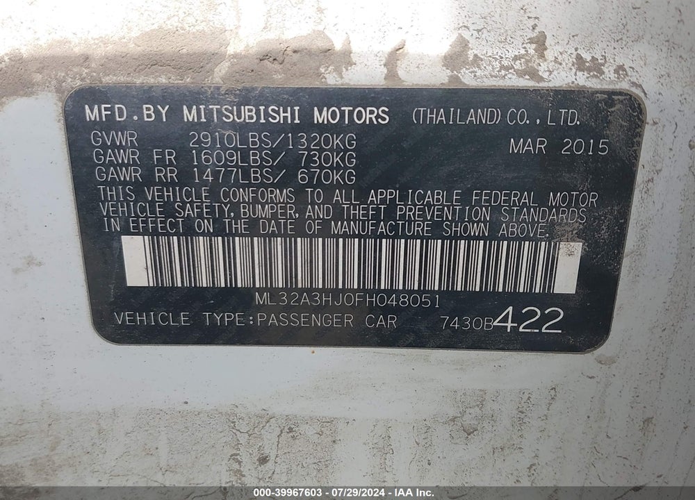 2015 MITSUBISHI MIRAGE DE/RF VIN: ML32A3HJ0FH048051