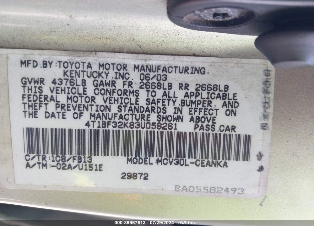 2003 TOYOTA CAMRY LE V6 VIN: 4T1BF32K83U058261