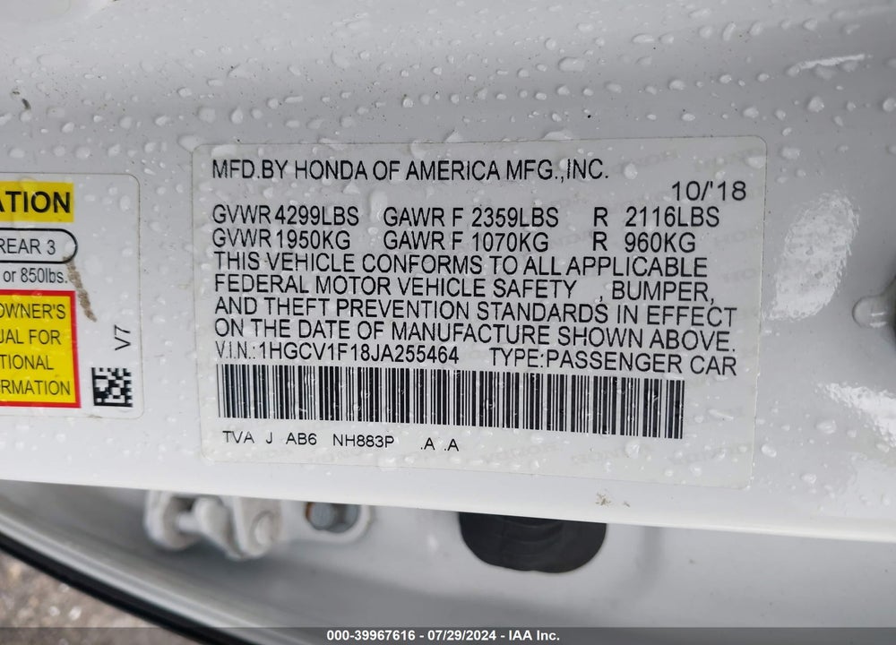 2018 HONDA ACCORD LX VIN: 1HGCV1F18JA255464