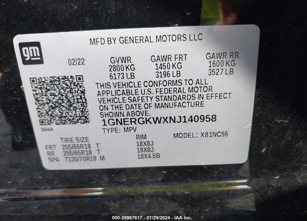 2022 CHEVROLET TRAVERSE FWD LT CLOTH VIN: 1GNERGKWXNJ140958