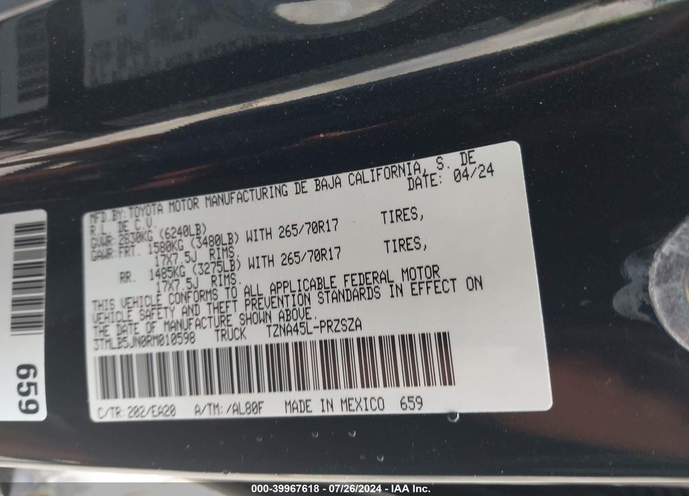 2024 TOYOTA TACOMA TRD OFF ROAD VIN: 3TMLB5JN0RM010598