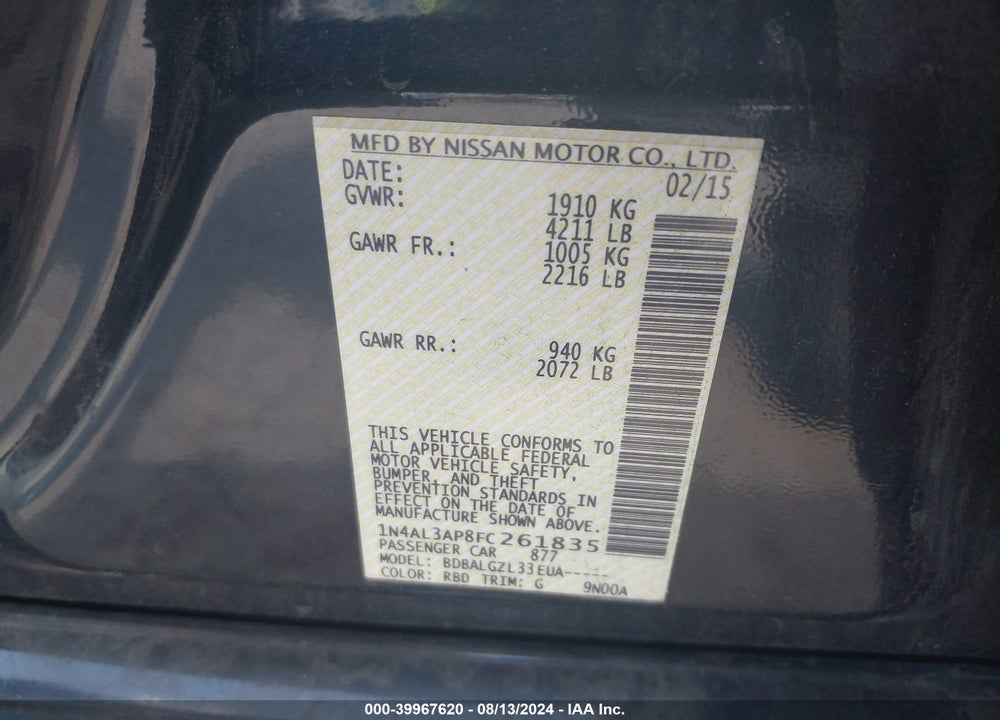 2015 NISSAN ALTIMA 2.5/2.5 S/2.5 SL/2.5 SV VIN: 1N4AL3AP8FC261835
