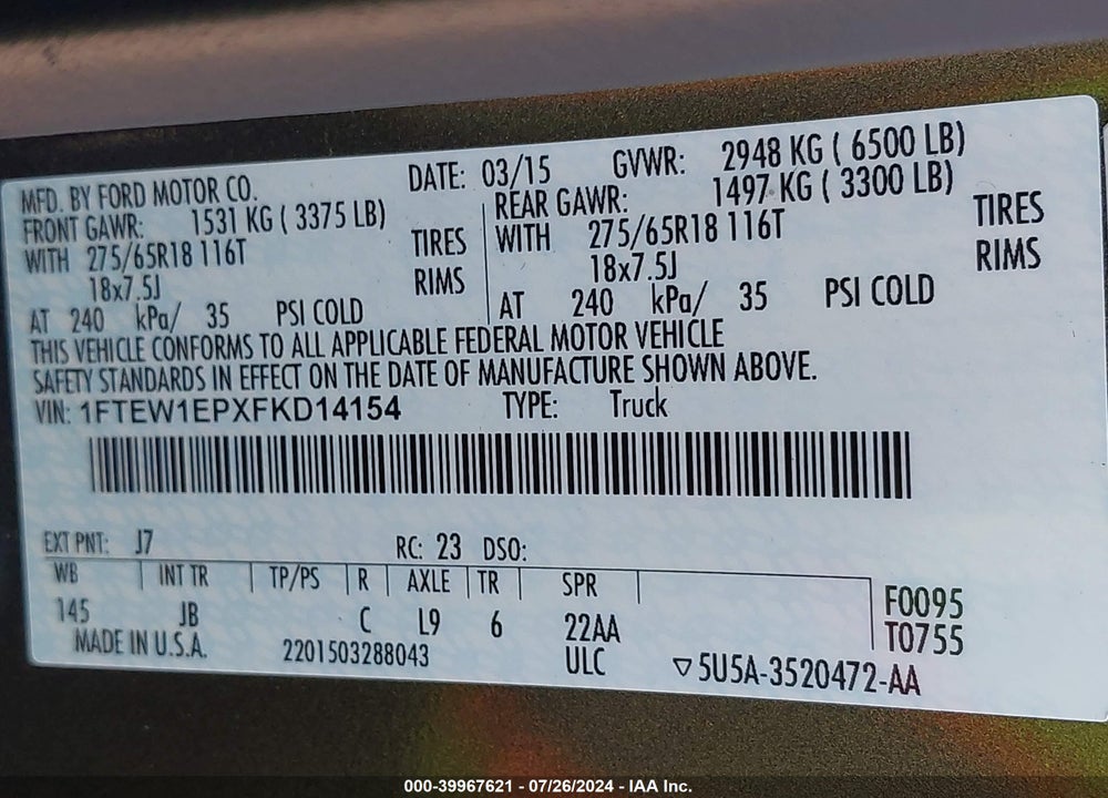 2015 FORD F-150 XLT VIN: 1FTEW1EPXFKD14154