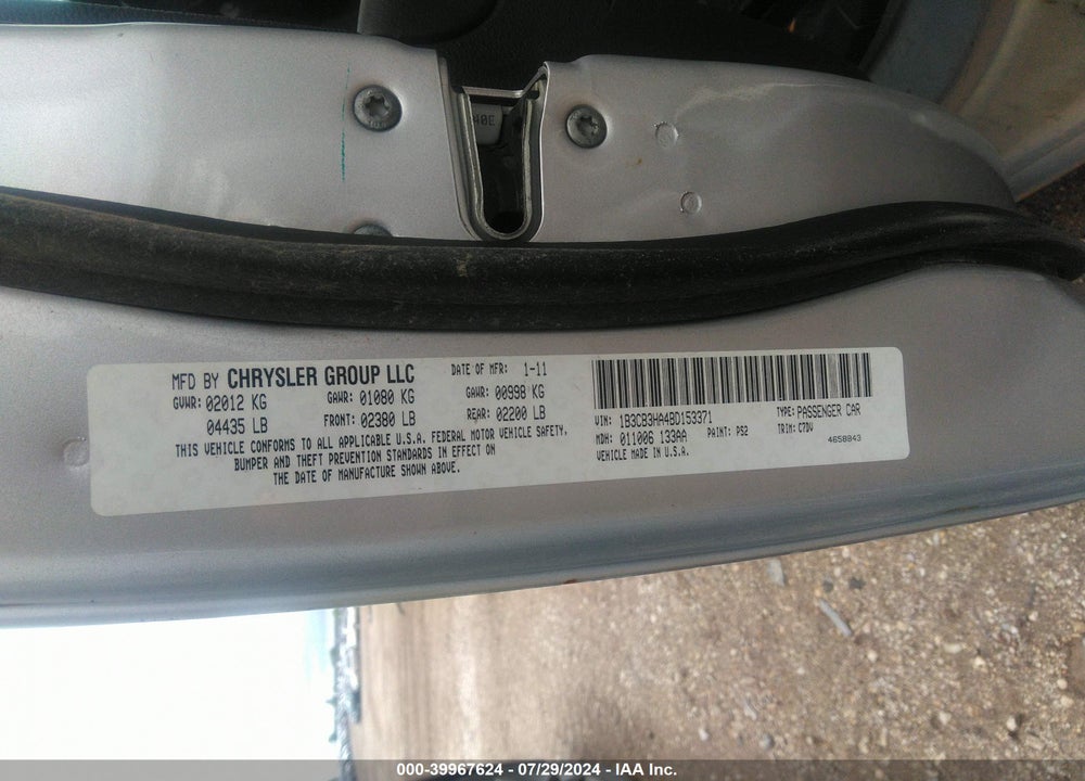 2011 DODGE CALIBER MAINSTREET VIN: 1B3CB3HA4BD153371