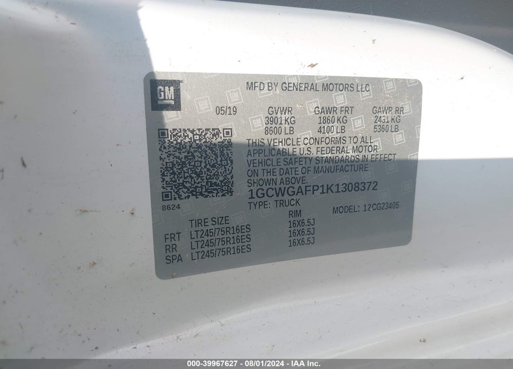 2019 CHEVROLET EXPRESS 2500 VIN: 1GCWGAFP1K1308372