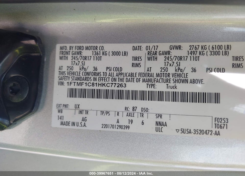 2017 FORD F-150 XL VIN: 1FTMF1C81HKC77263