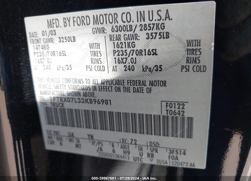 2003 FORD F-150 LARIAT/XL/XLT VIN: 1FTRX07L33KB96981