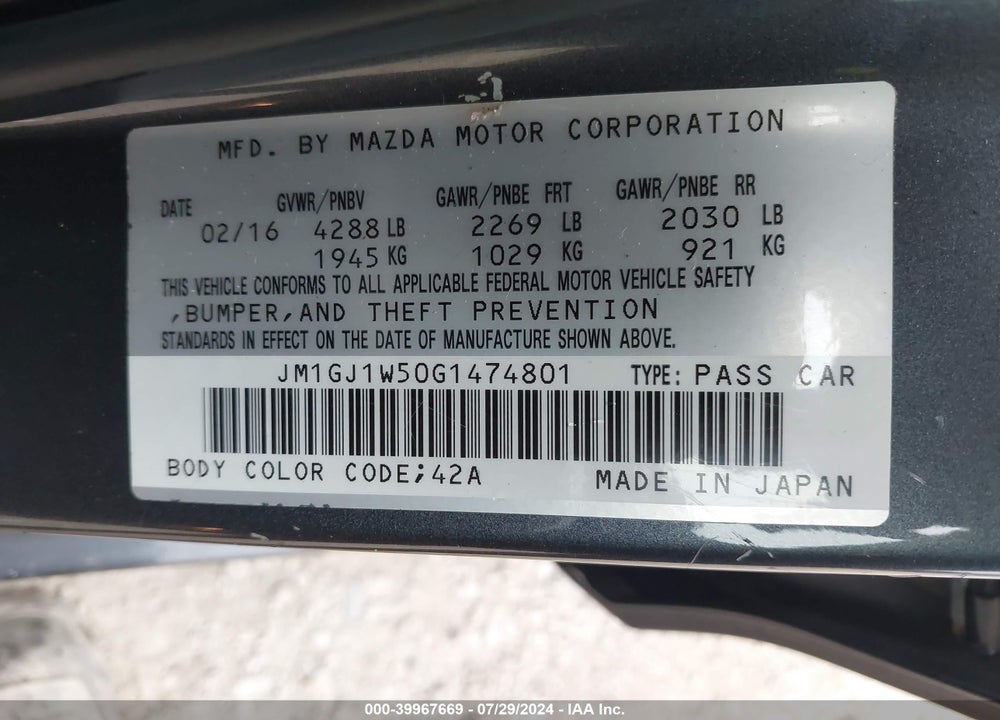 2016 MAZDA 6 I GRAND TOURING VIN: JM1GJ1W50G1474801