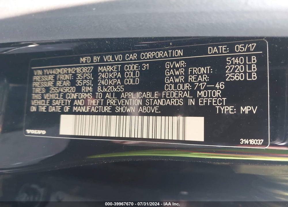 2017 VOLVO XC60 T5 DYNAMIC VIN: YV440MDR1H2183827