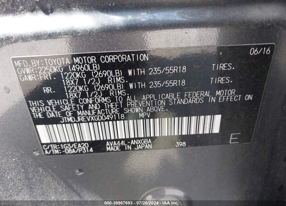 2016 TOYOTA RAV4 HYBRID VIN: JTMDJREVXGD049118