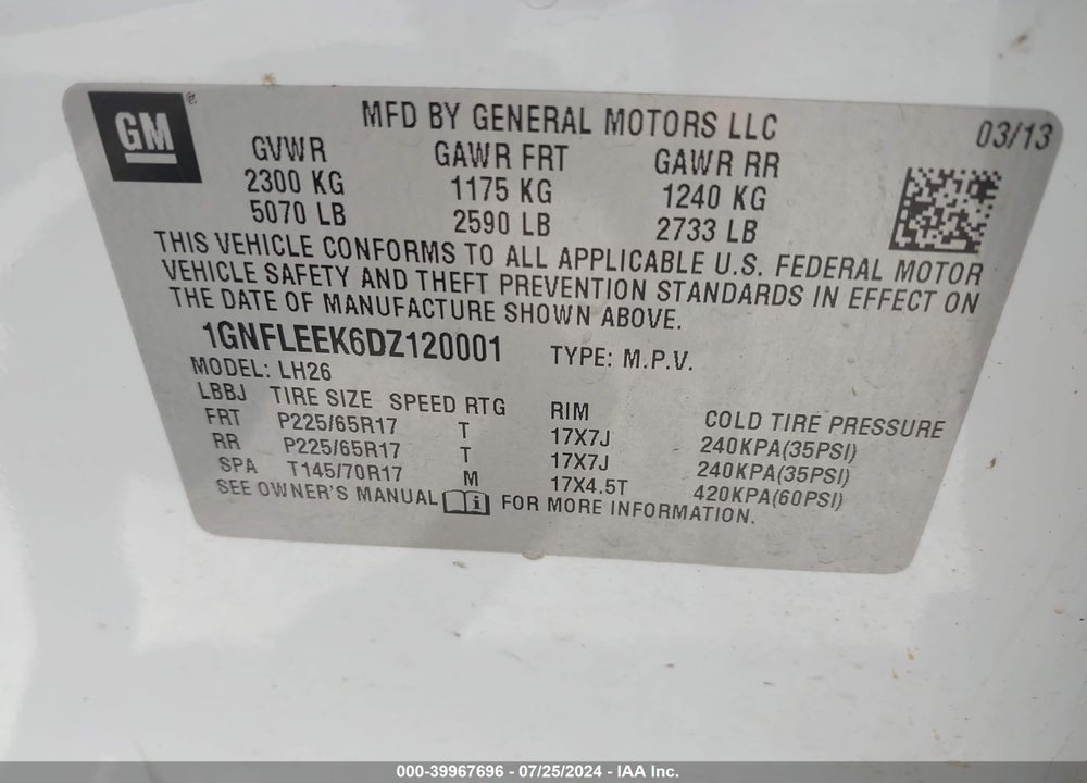 2013 CHEVROLET EQUINOX 1LT VIN: 1GNFLEEK6DZ120001
