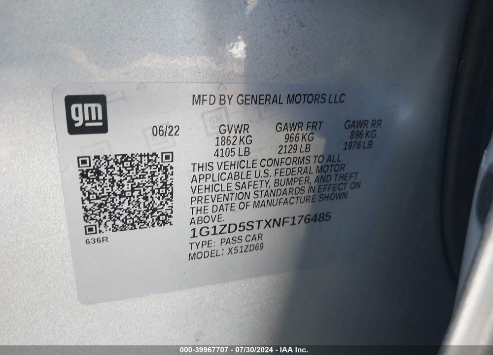 2022 CHEVROLET MALIBU FWD LT VIN: 1G1ZD5STXNF176485