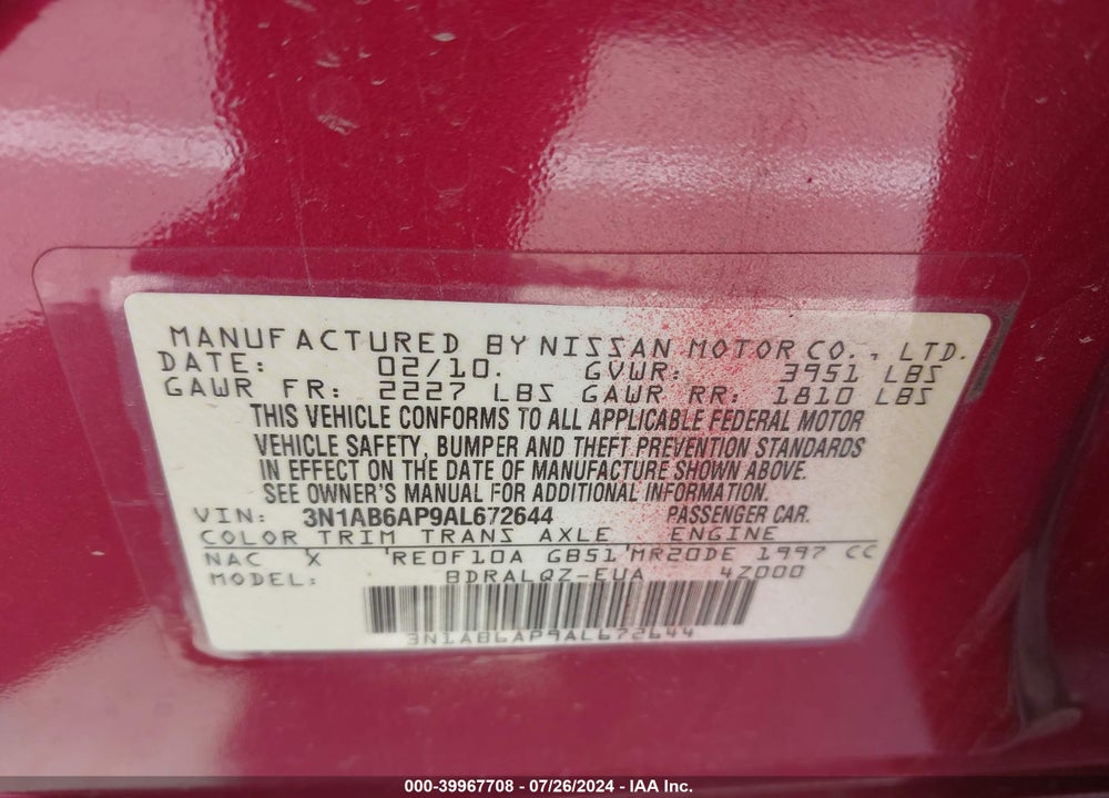 2010 NISSAN SENTRA 2.0 VIN: 3N1AB6AP9AL672644