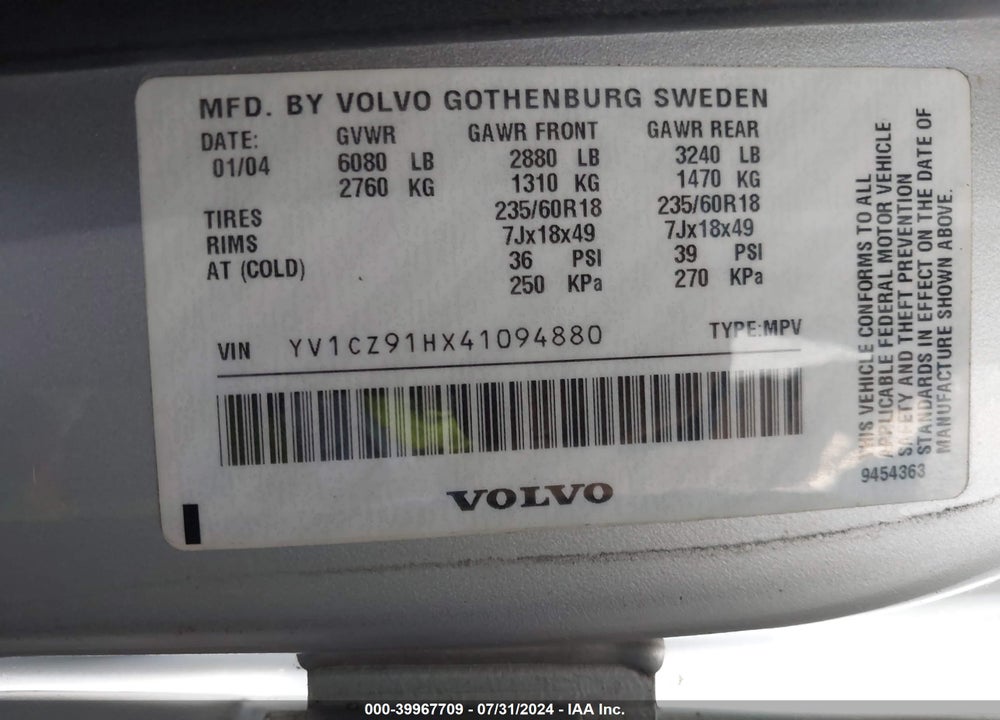 2004 VOLVO XC90 T6 VIN: YV1CZ91HX41094880