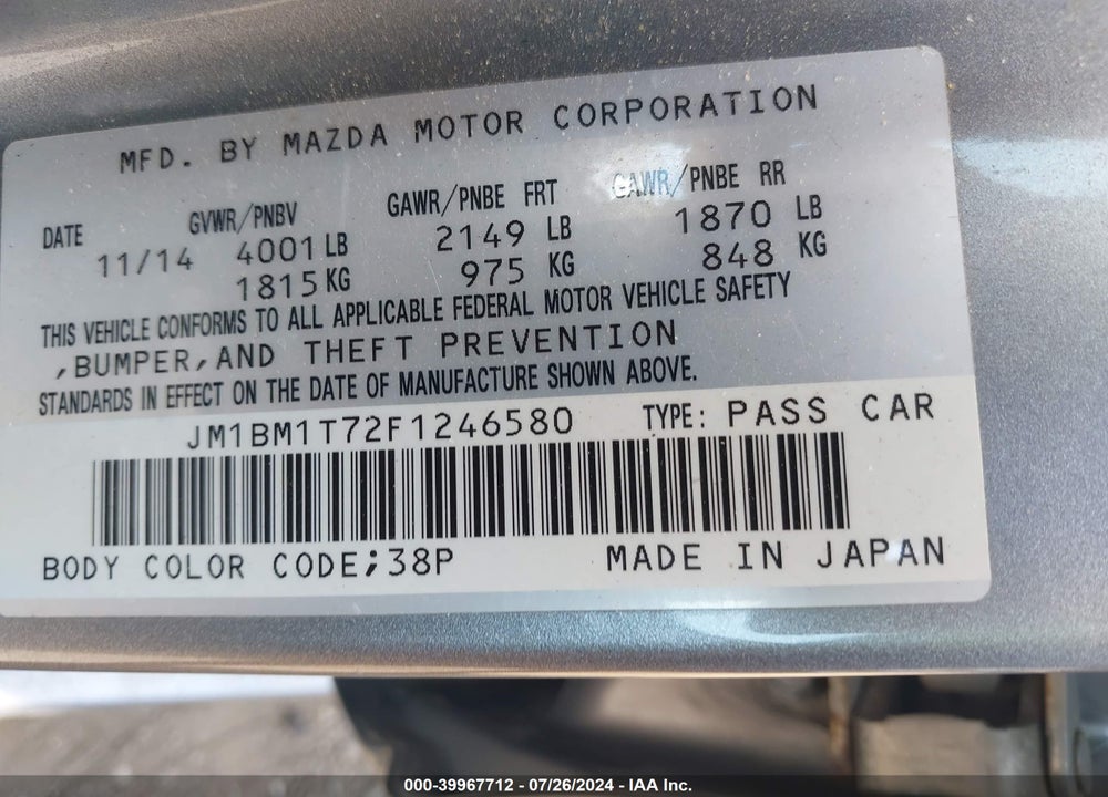 2015 MAZDA 3 I SV VIN: JM1BM1T72F1246580