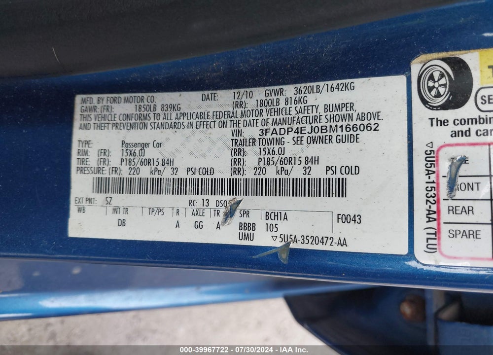 2011 FORD FIESTA SE VIN: 3FADP4EJ0BM166062