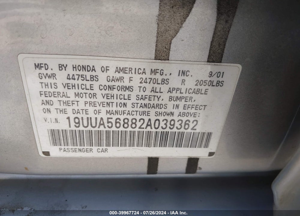 2002 ACURA TL 3.2 TYPE S VIN: 19UUA56882A039362
