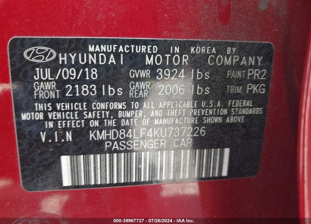 2019 HYUNDAI ELANTRA SEL VIN: KMHD84LF4KU737226