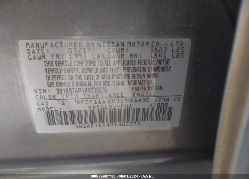 2017 NISSAN SENTRA SV VIN: 3N1AB7AP4HY300275