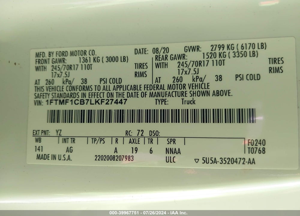 2020 FORD F-150 XL VIN: 1FTMF1CB7LKF27447