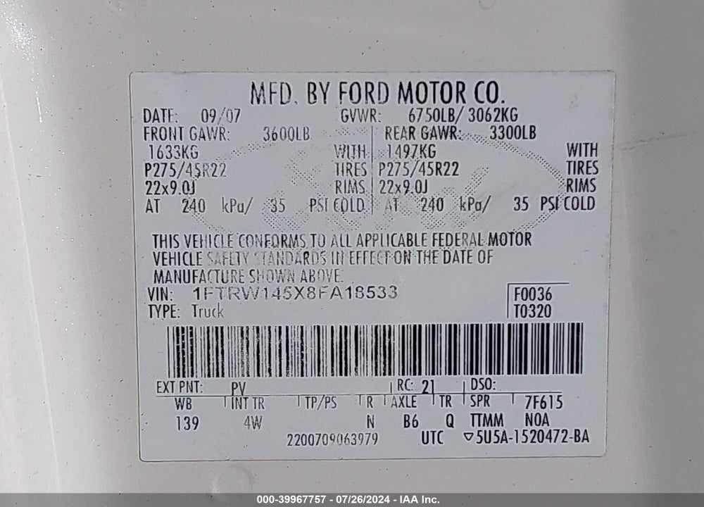 2008 FORD F-150 LARIAT VIN: 1FTRW145X8FA18533